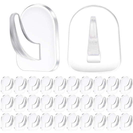 Wanmu 30 Pcs Clear Adhesive Wall Hooks for Hanging, Reusable Transparent Seamless Hooks, Acrylic Sticky Hangers with Non Marking Sticker for Kitchen Bathroom Bedroom Office