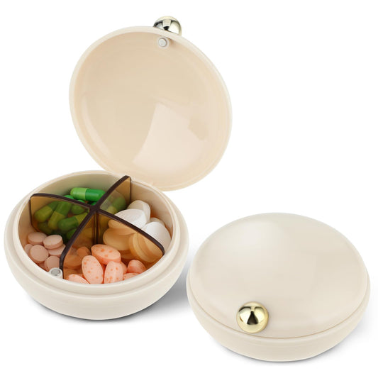 YUXIANLB Travel Pill Organizer Portable Pill Case 4 Compartments Mini Medicine Container Case Dispenser for Pocket Purse Daily Pill Box Holder to Hold Vitamin Cod Liver Fish Oil Supplements Beige