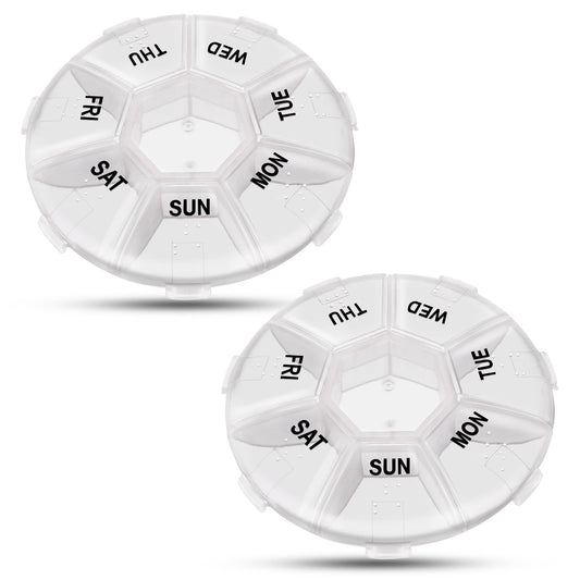 Sibba 2 Pcs Personal Pill Organizer Dispensers Medicine Box Small Holder Daily 7 Day Labels Reminder Time Round Individual Compartments Sorter Weekly Week Container Case Mini Compact Pocket