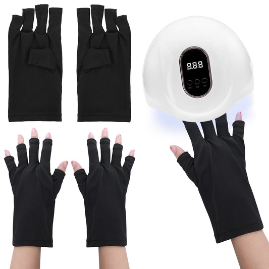Sibba 2Pairs Anti UV Gloves Gel Manicures Glove Professional Protection Stretchy Fingerless Gloves Nail Art Skin Care UV Shield Gloves for Home Outdoor (Black)