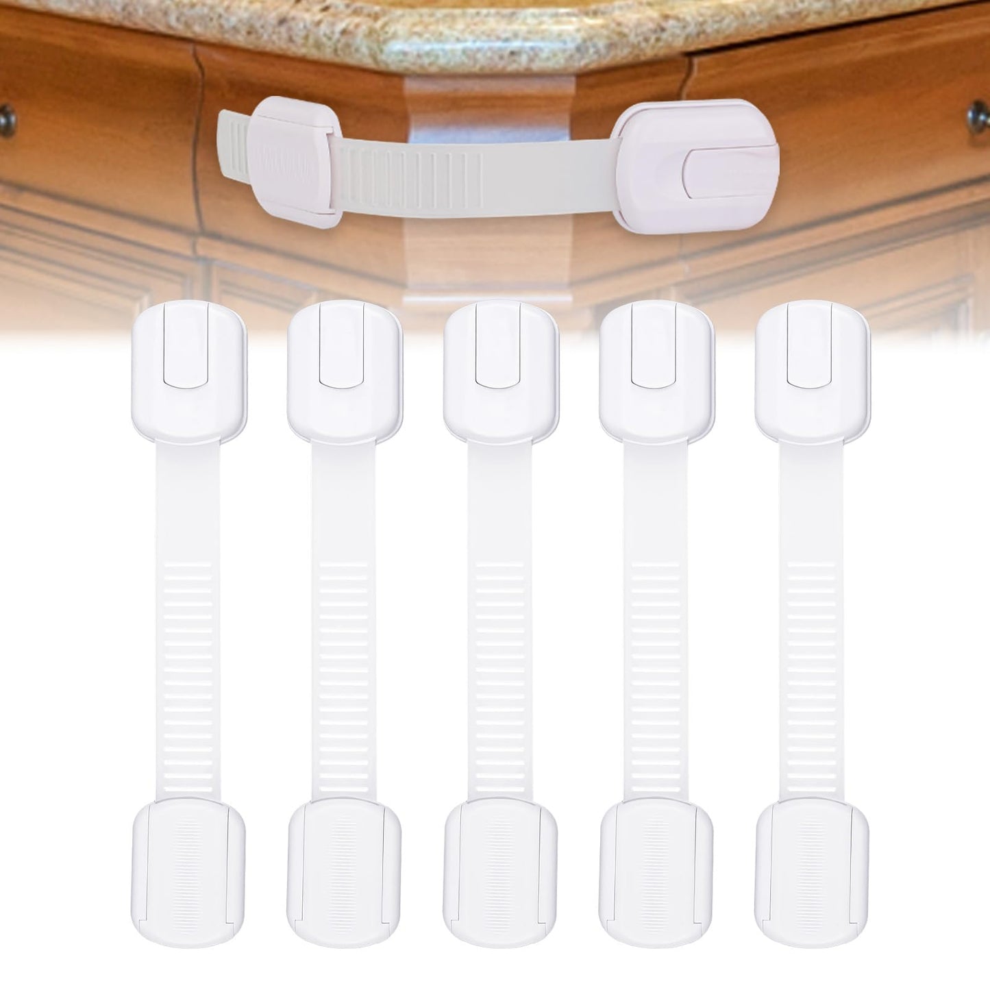 COMNICO 5pcs Child Safety Cabinet Strap Locks No Screws Kids Proofing Multi Use Latch with Strong Adhesive Pads for Fridge Door Drawers Oven Toilet Seat Trash Can(White)