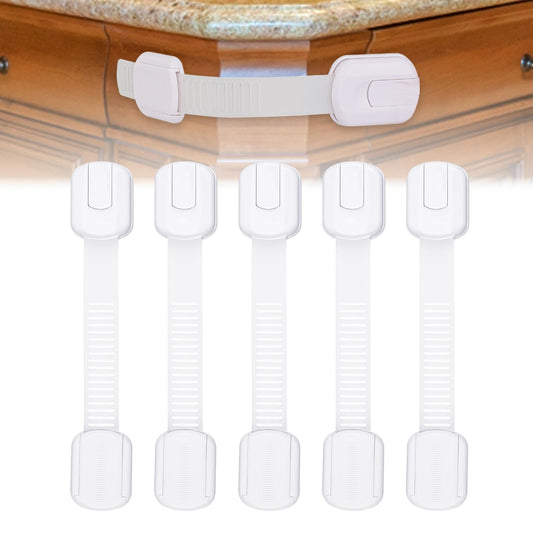 COMNICO 5pcs Child Safety Cabinet Strap Locks No Screws Kids Proofing Multi Use Latch with Strong Adhesive Pads for Fridge Door Drawers Oven Toilet Seat Trash Can(White)