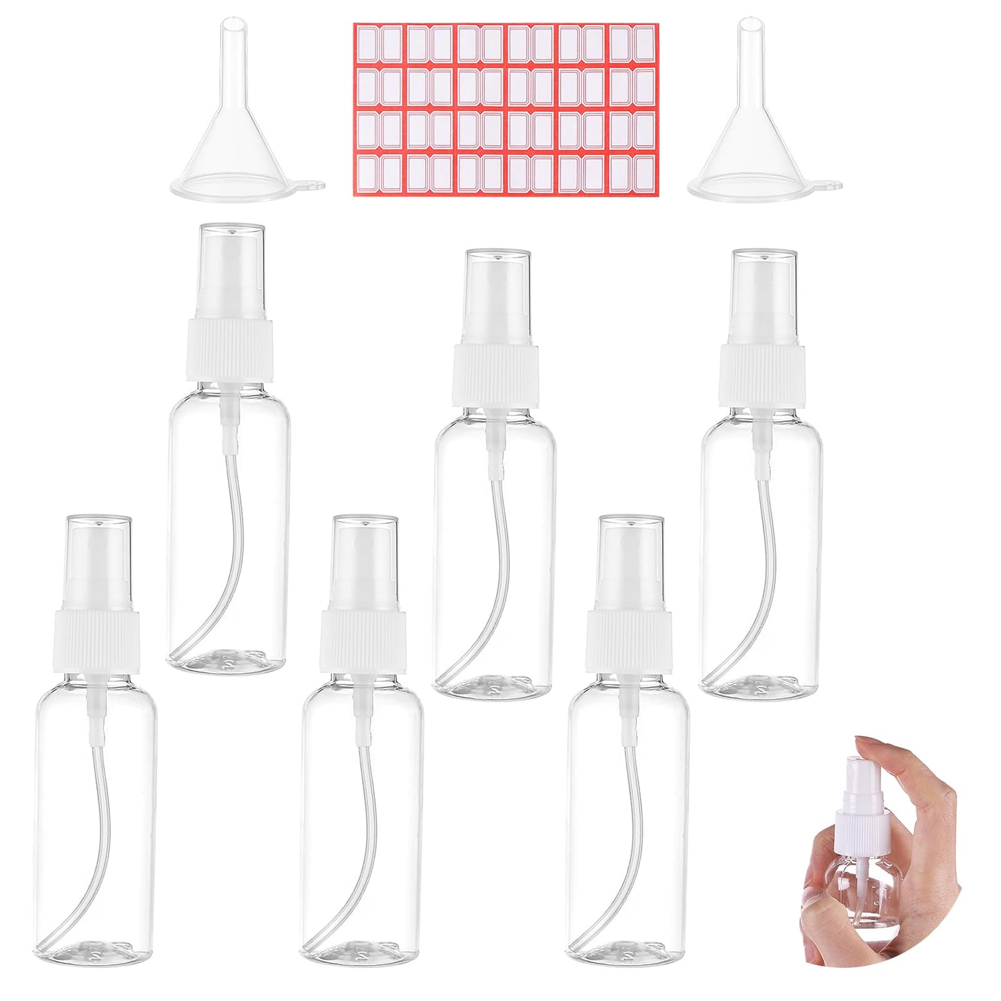 Dimeho 6 Pcs Spray Bottles 2oz Plastic Small Refillable Fine Mist Portable Sprayer Bottle Set Clear Empty Pocket Size Atomizer Spritzer with Fillers & Labels Liquid Containers for Makeup Travel