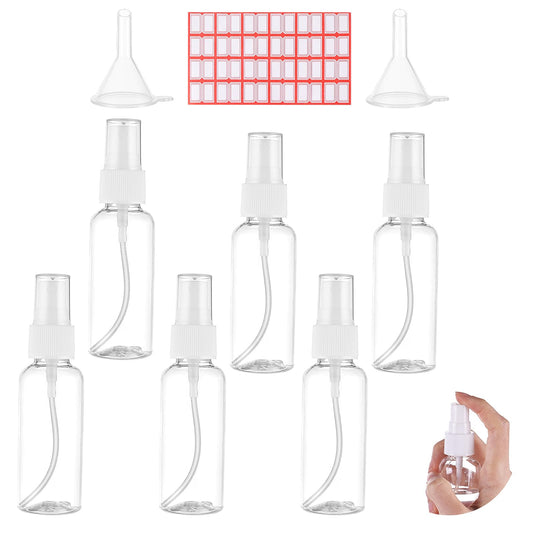 Dimeho 6 Pcs Spray Bottles 2oz Plastic Small Refillable Fine Mist Portable Sprayer Bottle Set Clear Empty Pocket Size Atomizer Spritzer with Fillers & Labels Liquid Containers for Makeup Travel