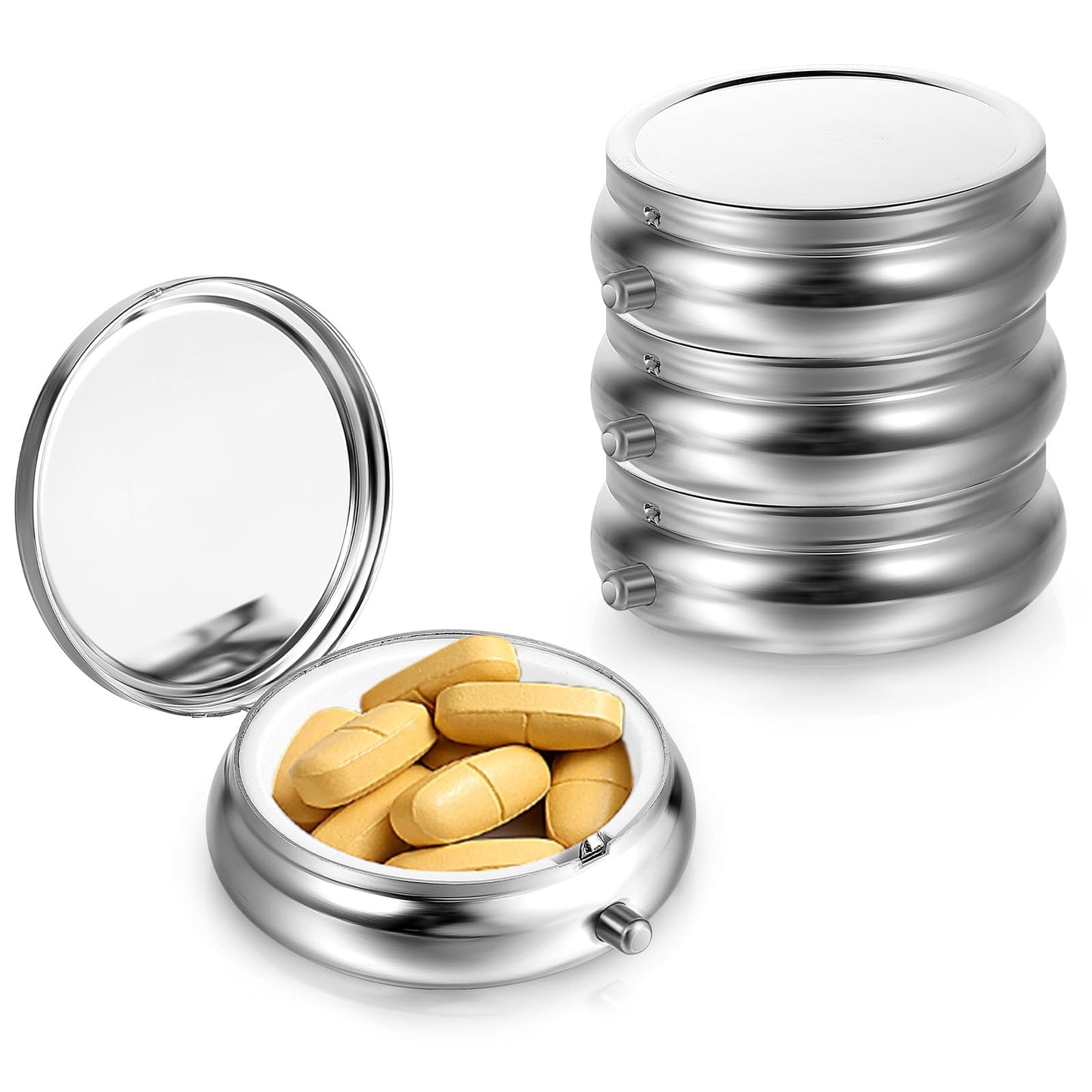Dimeho 4 Pack Pill Box Small Pill Case for Purse & Pocket Portable Medicine Organizer Travel Pillbox Metal Pill Container for Vitamins Supplements(Silver)