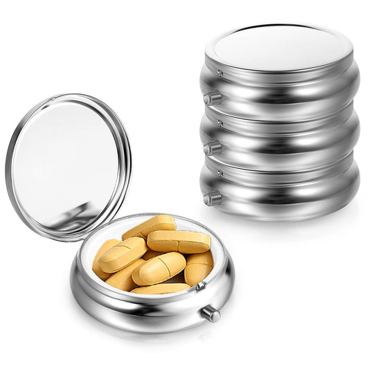 Dimeho 4 Pack Pill Box Small Pill Case for Purse & Pocket Portable Medicine Organizer Travel Pillbox Metal Pill Container for Vitamins Supplements(Silver)