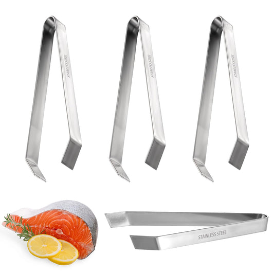 Wanmu 4Pcs Fish Bone Tweezers, Stainless Steel Flat and Slant Tweezers, Pliers Remover Tool for Salmon and Sea Bass Deboning