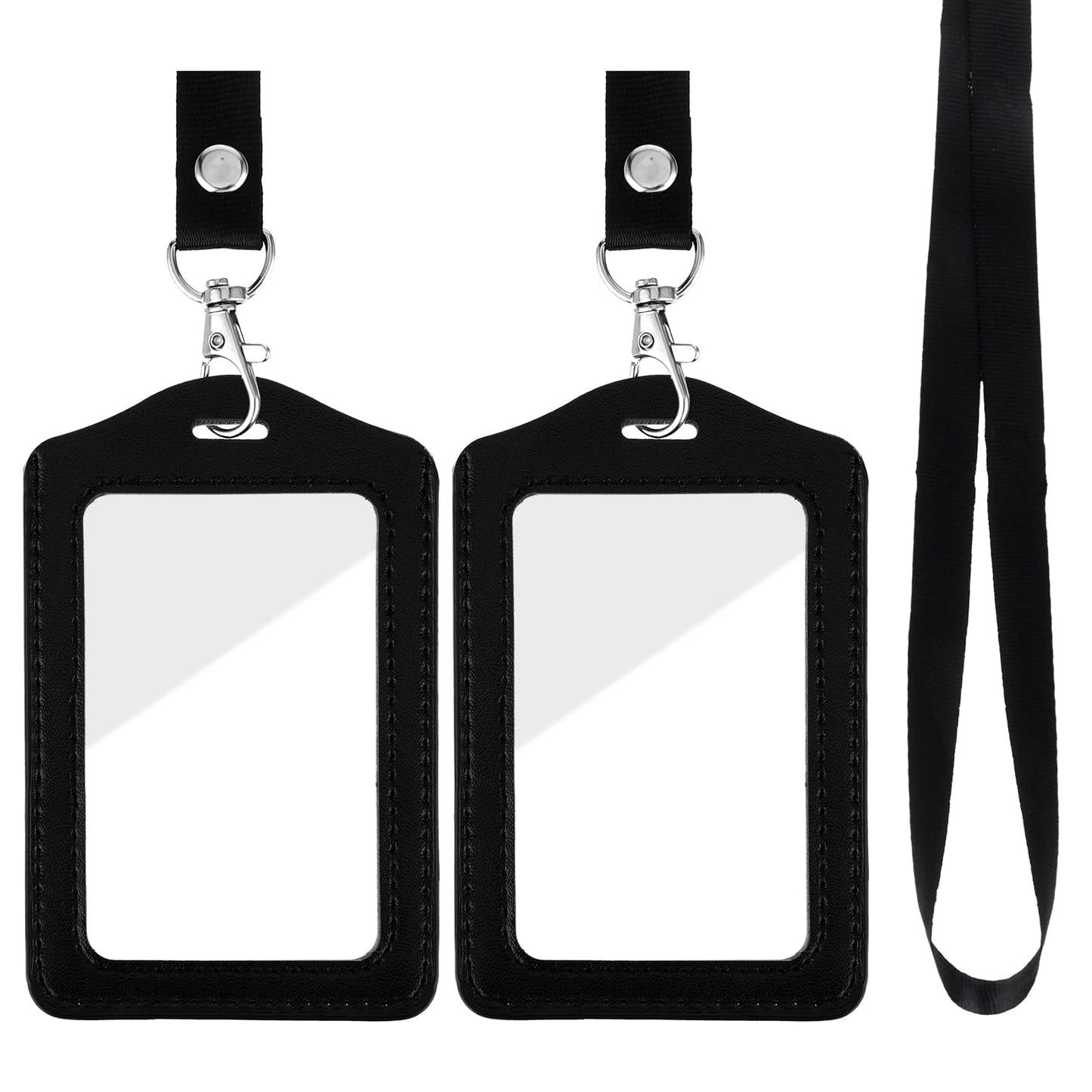 Dimeho 2 Pack Badge Holder Leather Double Sided ID Badge Holder with Lanyard Vertical Leather ID Card Holder for Work, School, Office Staff, Black