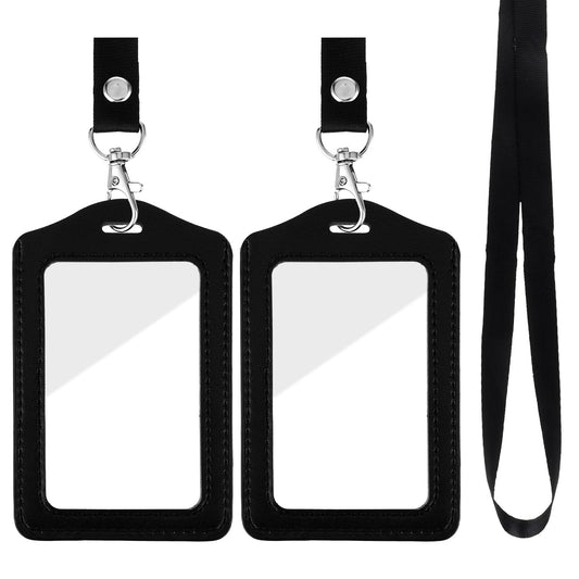 Dimeho 2 Pack Badge Holder Leather Double Sided ID Badge Holder with Lanyard Vertical Leather ID Card Holder for Work, School, Office Staff, Black