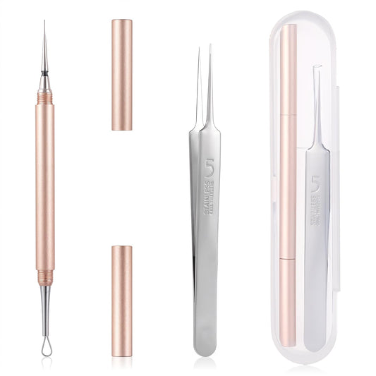 2Pcs Milia Removal Tool Professional Facial Blackhead Comedones Extractor Cyst Loop Sharp Needle Double-Ended Angled Circle Pimple Popper Acne Removal Kit for Blemish Whitehead Popping