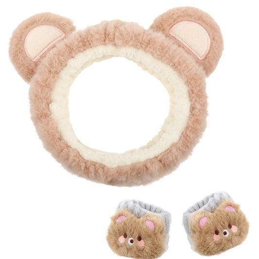 3pcs Spa Headband Makeup Headband Fuzzy Skincare Headbands for Washing Face Elastic Headwear with Cute Bear Ears Facial Headband Wristband Set Thick Non Slip Hair Accessory for Women Girl