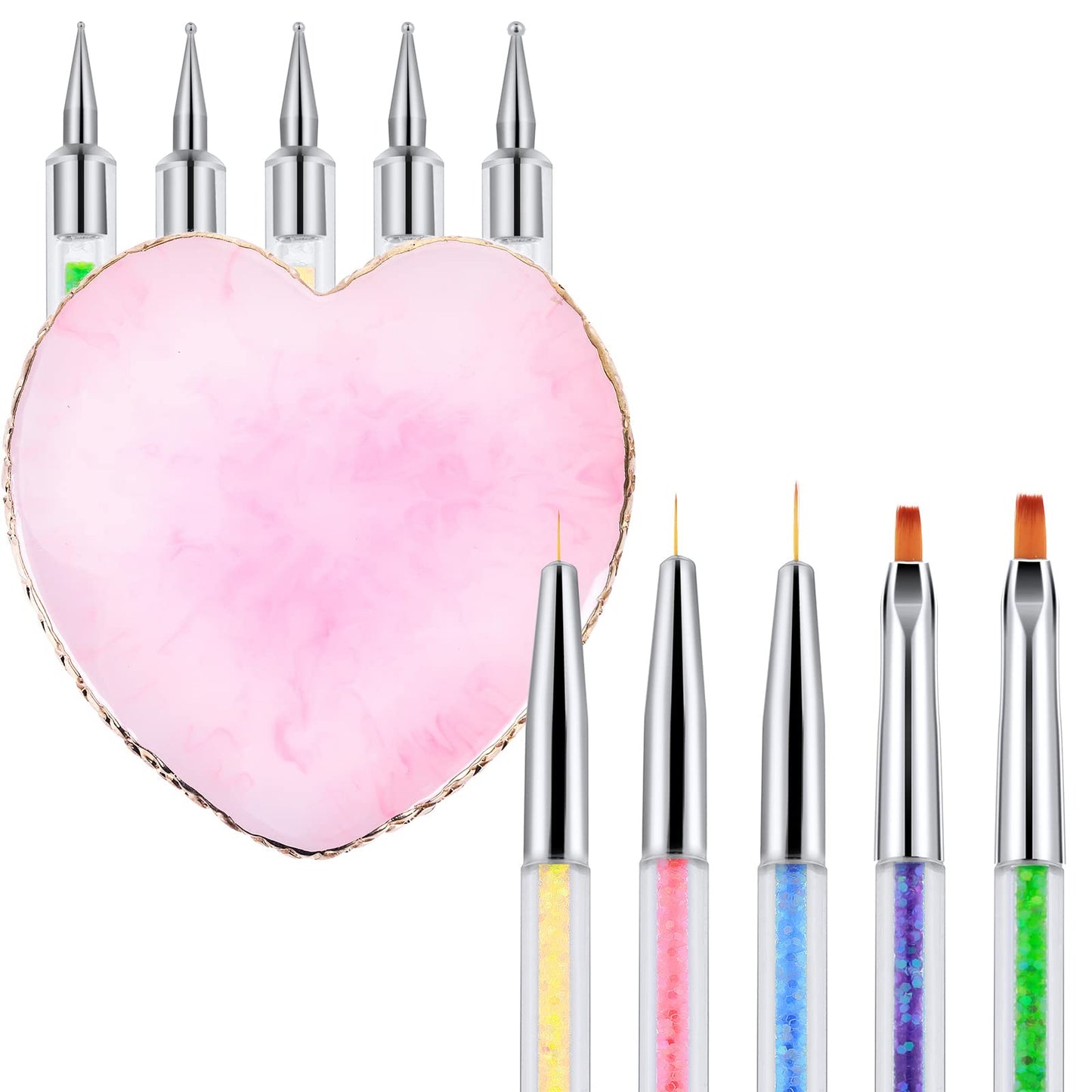 Sibba Nail Art Palette with 5 Nail Brushes Sets Resin Nail Mixing Palette Polish Color Mixing Plate Golden Edge Nail Holder Display Board Cosmetic Mixing Tools (Pink)