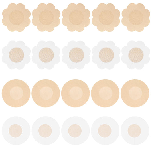 Sibba Breast Petals Invisible Nipple Covers Body Pasties 20 PCS No Show Pads Bra Lift Tape Stickers Seamless Boob Nipplecovers Skin Coverage Sticky Waterproof Swim Backless Dress(Round and floral)