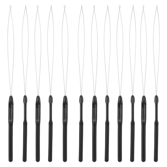 Dimeho 12 Pcs Extension Loop Needle Threader Pulling Hook Bead Device Tool Micro Loop Nano Beads Device Black Hair Extension Threader for Feather Extensions