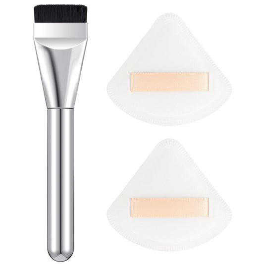 Sibba 2 Pack Flat Foundation Brush Powder Puff Kit, Super Thin Blade Foundation Makeup Brush, Soft Synthetic Bristles Makeup Brushes Triangle Powder Puff for Face Makeup Cosmetic Application