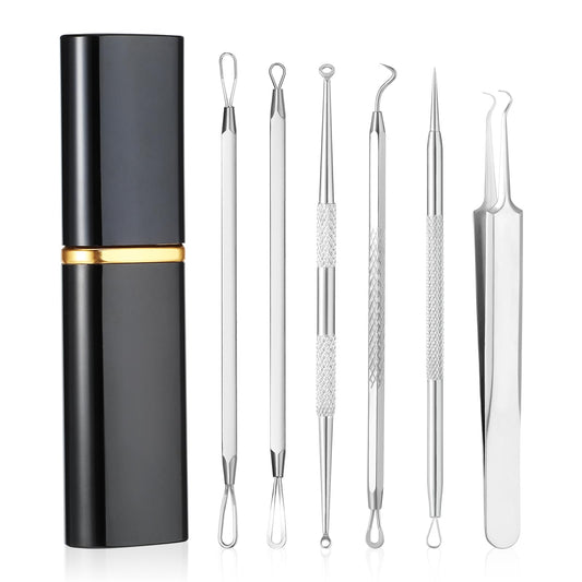 6 PCS Pimple Popper Tool Kit, Blackhead Remover Acne Needle Tools Set with Storage Case, Comedone Extractor Curved Blackhead Tweezers for Quick and Easy Removal of Pimples, Blackheads, Zit Removing