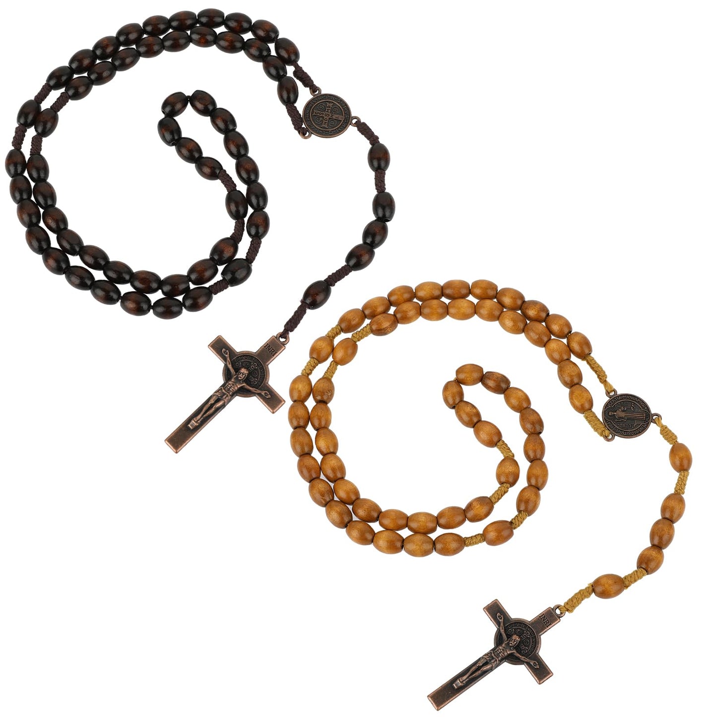 COMNICO Catholic Cross Rosary Necklace, 2 Pieces Natural Wood Prayer Chain Necklace, Handmade Dangle Cross Pendant for Catholic Christians Religious Communion Baptism Mass Bible