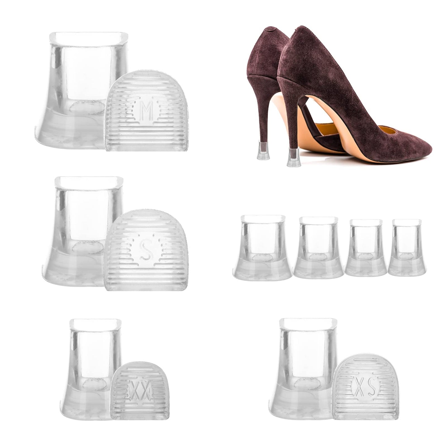 Sibba Heel Protectors Sole for Shoes Rubber Covers Cushions Cups Repair Kit Bottom Heels Clip Quick Fix Boot Replacement Cap to Weddings Outdoor Garden Party 4 Sizes XS,S,M,L (8 Pairs Transparent)