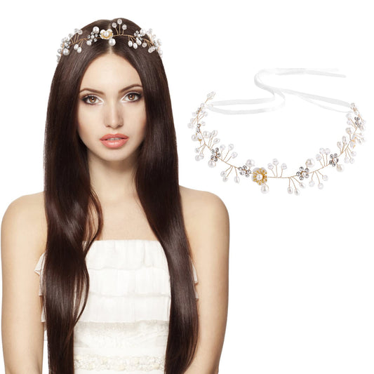 Sibba Wedding Rhinestone Pearl Headband Gold Headpiece Bride Leaf Flower Jeweled Boho Faux Diamond Thin Piece Braided Hairband Headwear Prom Valentines Day Easter Party Hair Styling Women Girl