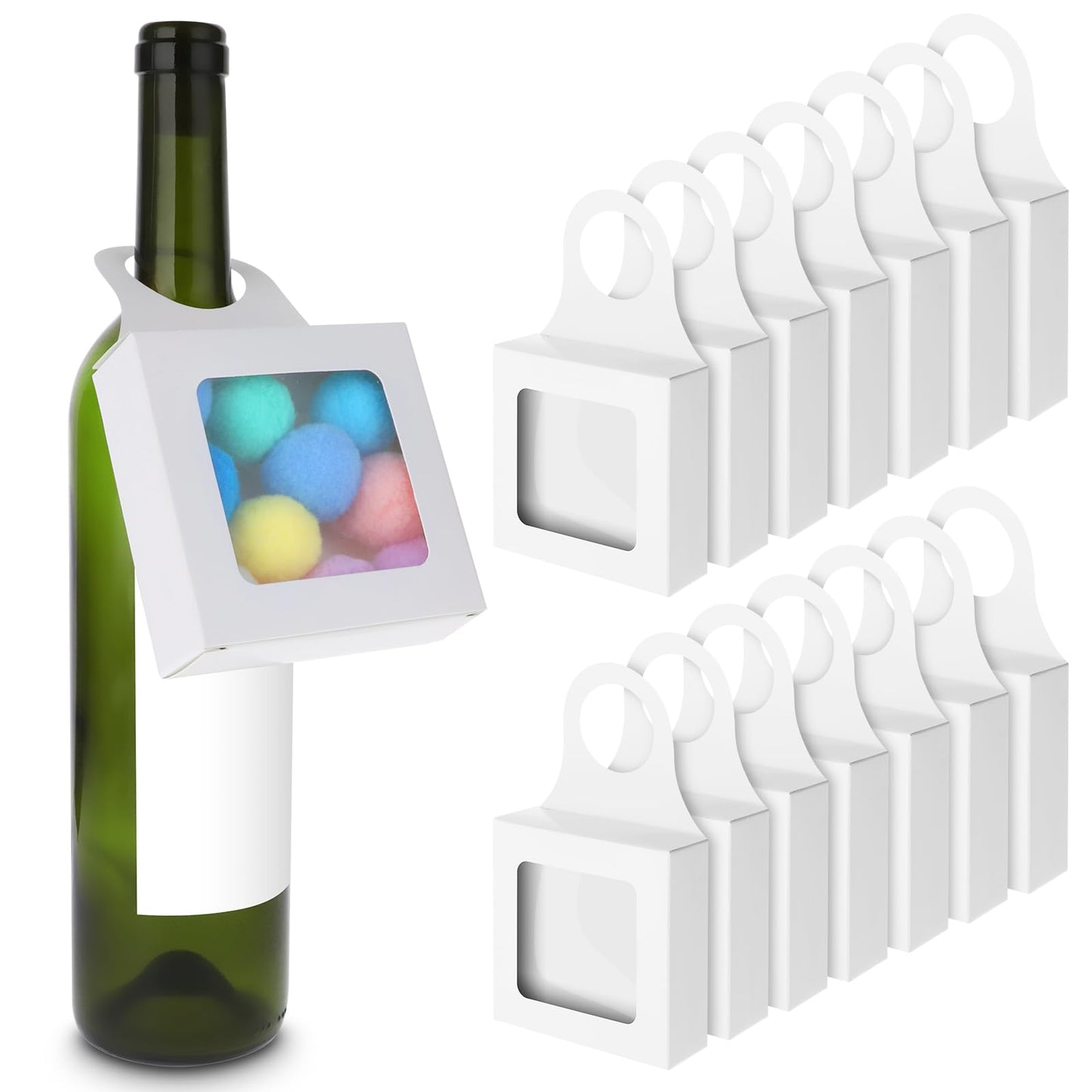 Sibba Kraft Paper Wine Bottle Box 14 Pcs Hanging Foldable Gift Wine Accessory Sets Folding White Bags Reusable Package With Window Handles for Kitchen Dining Engagement Christmas Party