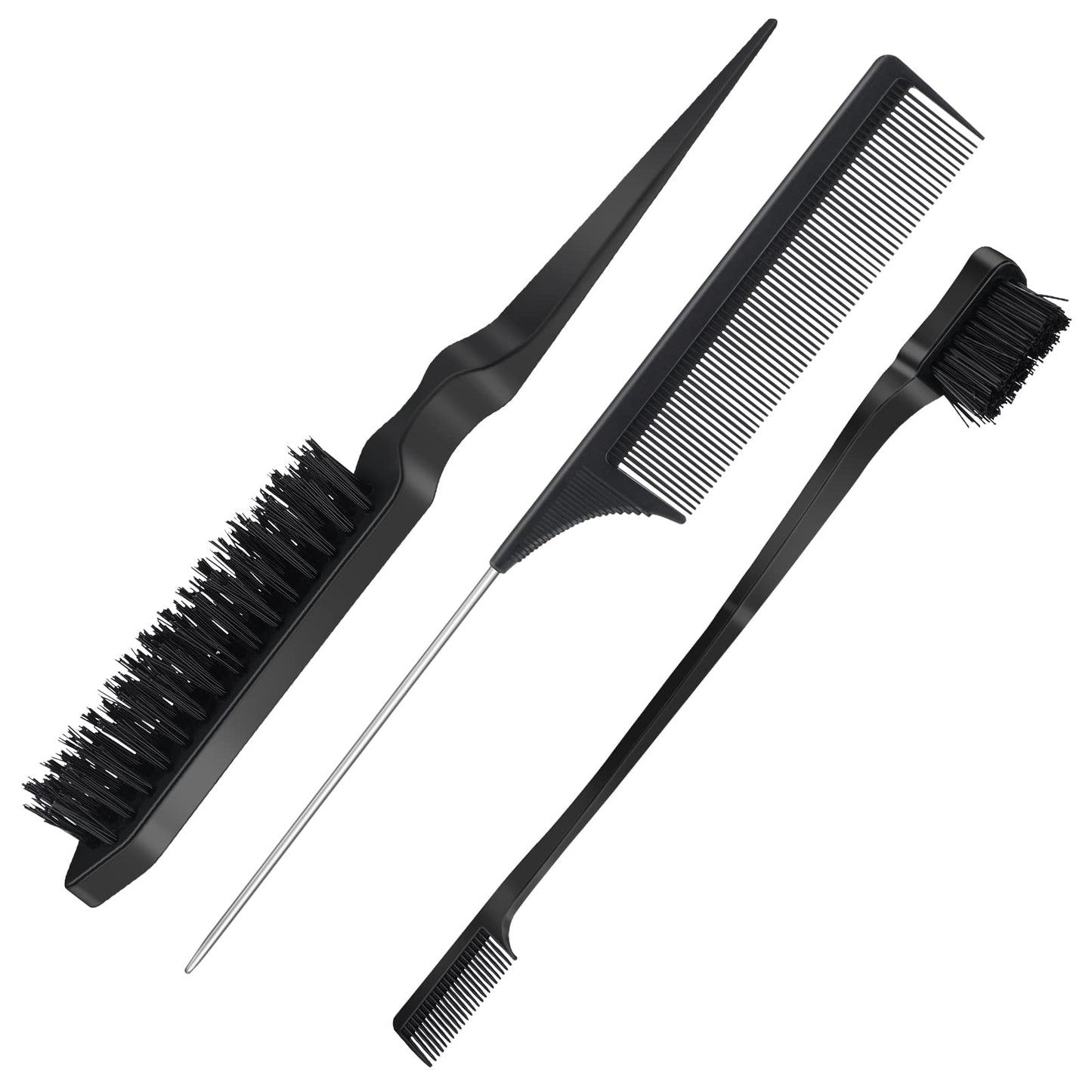 Sibba Hairbrushes Hair Brush 3 Pieces Set Black Plastic Teasing Hair Color Rat Tail Comb with Metal Prong Edge Bristle Brushes Haircut Hair Combing and Styling Accessories
