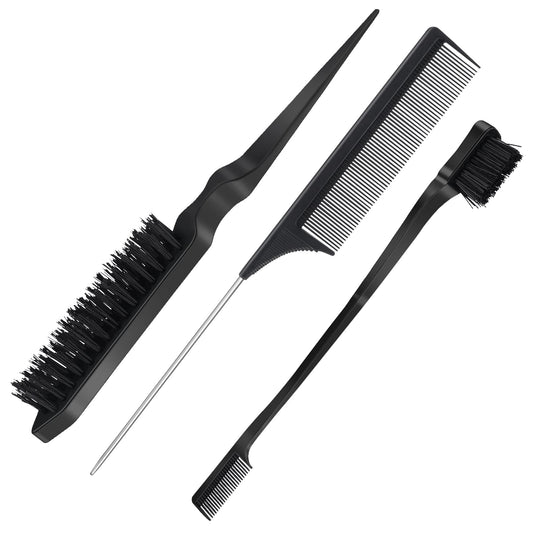 Sibba Hairbrushes Hair Brush 3 Pieces Set Black Plastic Teasing Hair Color Rat Tail Comb with Metal Prong Edge Bristle Brushes Haircut Hair Combing and Styling Accessories