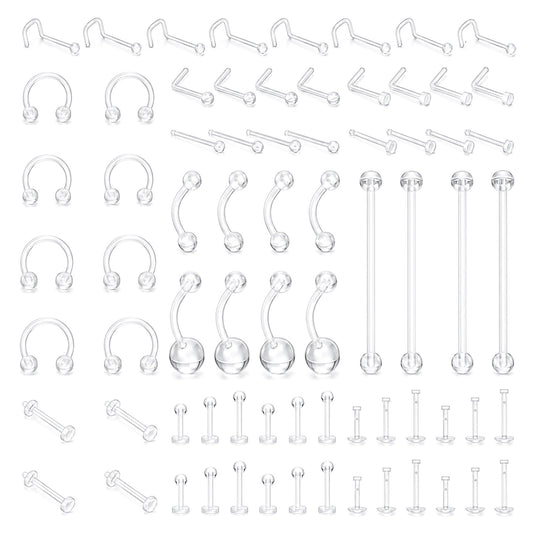 COMNICO 72 Pcs Clear Piercing Retainers for Surgery Bioflex Plastic