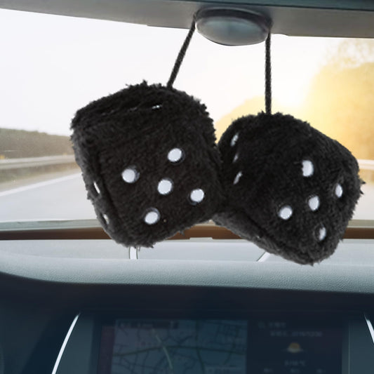 Sibba Fuzzy Plush Dice for Car Mirror, Pair 3 Black Dice with White Dots, Retro Square Decoration Dice for Car Hanging Accessories(Black)