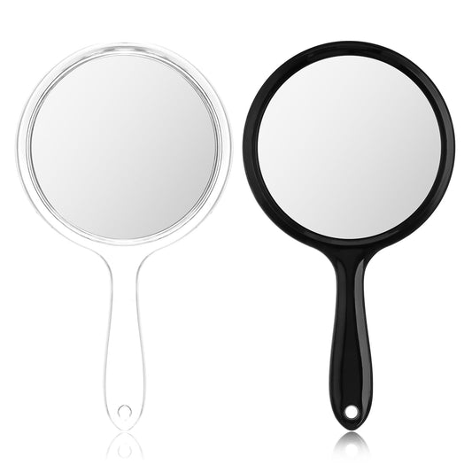 Dimeho 2 Pcs Handheld Mirror Double-Sided Hangable Handmirror 1X/2X Magnifying Acrylic Round Mirror with Handle Hand Held Wall Mount for Makeup Salon Barber Shaving Travel Women Men Home