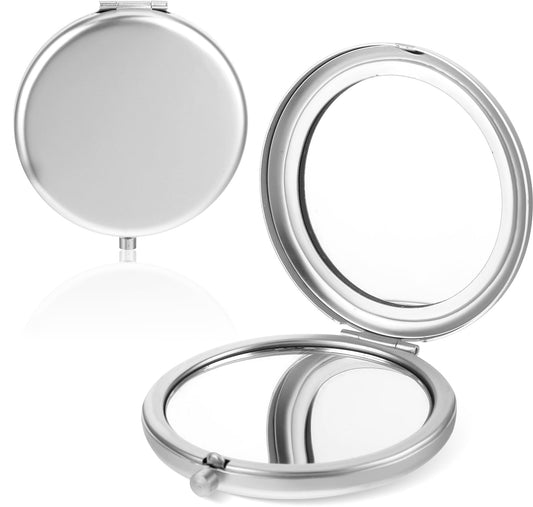 Dimeho 2 Pcs Compact Folding Mirror Round Makeup Mirror Magnifying Portable Mini Cosmetic Mirror Travel Fold Metal Double-sided Cute Vanity Mirror for Office Home Handbag Purse(silver)