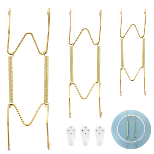 COMNICO 3pcs Plate Hanger for Wall Stainless Steel 6 8 10 Inch Plate Hangers Invisible Decorative Wire Plate Holder with 3 Pack Wall Hooks and 15pcs Transparent Rubber Tip(Gold)