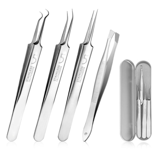 4 Pcs Blackhead Remover Tweezers Pimple Popper Tool Kit Professional Ingrown Hair Tweezers Stainless Steel Blackhead Extractor Face Acne Removal Kit Precision Makeup Clips for Women Girl
