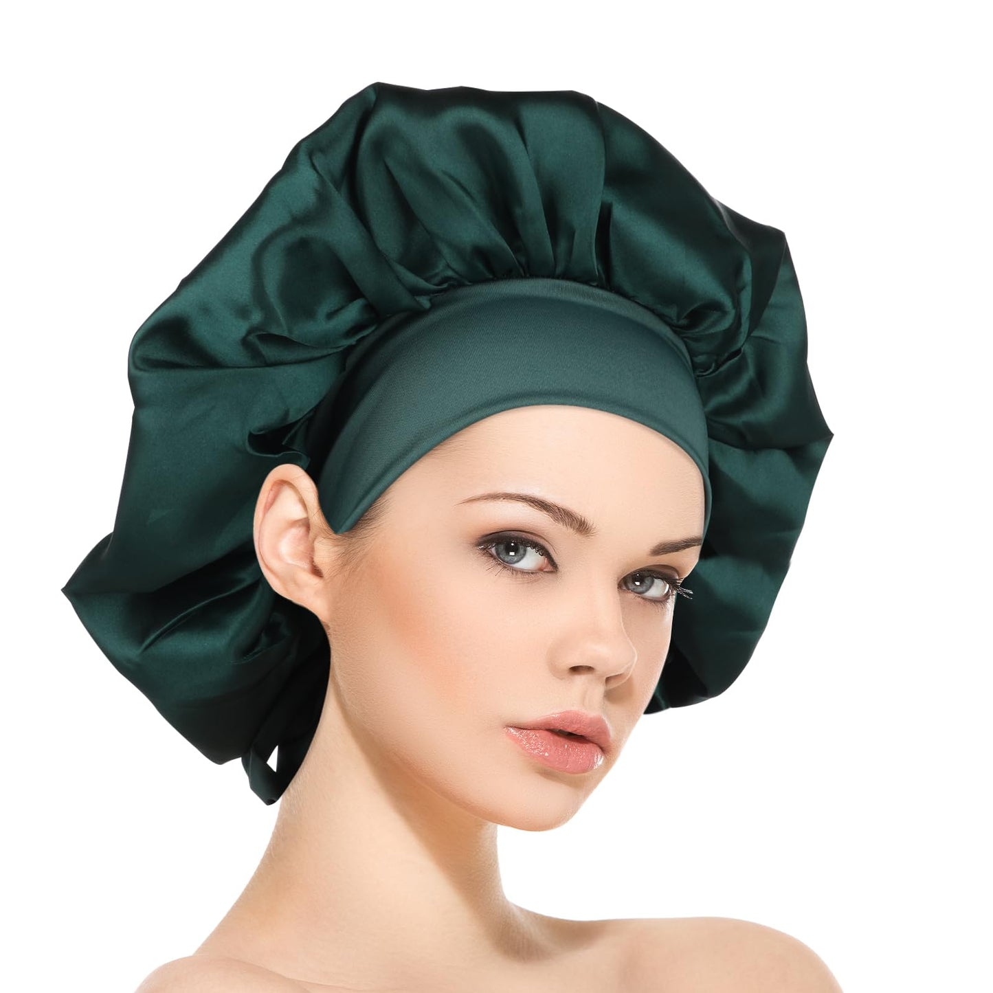COMNICO Satin Silk Hair Bonnet for Sleeping Double Layer Large Bonnets with Tie Band Band Adjustable Straps Hair Wrap Night Sleep Cap for Women Natural Curly Braid Hair (Dark Green)