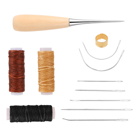 COMNICO Waxed Thread Hand Sewing Kit, 12 Pcs Sewing Supplies Accessories Sewing Waxed Thread with Thimble Sewing Awl 7 Pcs Leather Repair Needles for Home Carpet Leather Canvas Repair and Sewing