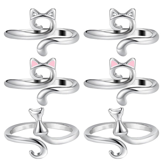 Sibba Crochet Notions Ring Finger Tension Crocheting Yarn Knitting Portable Adjustable Braided Loops Thimbles Woven Handmade Arts DIY Crafts Guide Line Wire Beads Beaded(Silver Cat Ears Style,6 PCS)