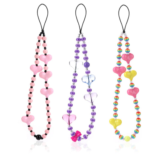 Sibba String Beaded Phone Case Charm Lanyard Wrist Strap 3 Pieces Kawaii Acrylic Heart Round Beads Handmade Bracelet Anti-lost Chain Keychain Decoration for Women Mother's Day