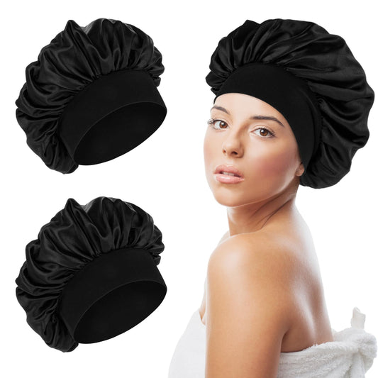 Satin Bonnets Sleeping Wrap Shower Cap 2 PCS Elastic Band Sleep Hat Hair Curly Care Headwraps Cover Women Bathing Accessories