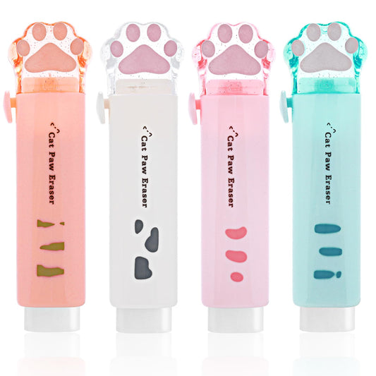 Sibba 4Pcs Cat Paw Shaped Retractable Erasers, 4 Color Cute Rubber for Kids, Push-Pull Rubber Eraser for Students Writing Office School Stationery