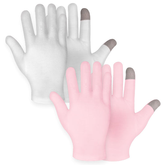 Dimeho 2 Pairs Moisturizing Gloves Touch Screen Cotton Spa Lotion Glove Overnight Bedtime Skin Care Gloves Eczema Glove for Dry Chapped Hands Women Beauty (White + Pink)