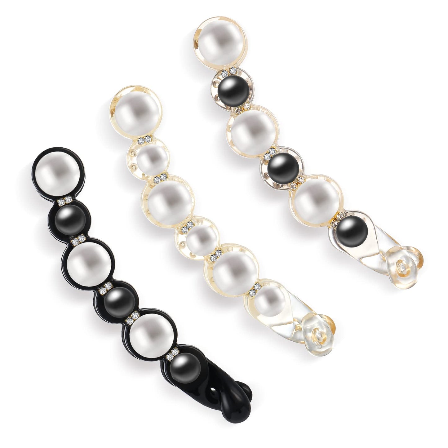 Sibba 3pcs Pearl Banana Hair Clips Barrettes for Women Girl, Pearl Banana Ladies Hair Slides Bling Accessories Artificial Clips for Women Girls Thick Fine Hair Rhinestone Elegant Ponytail Barrettes
