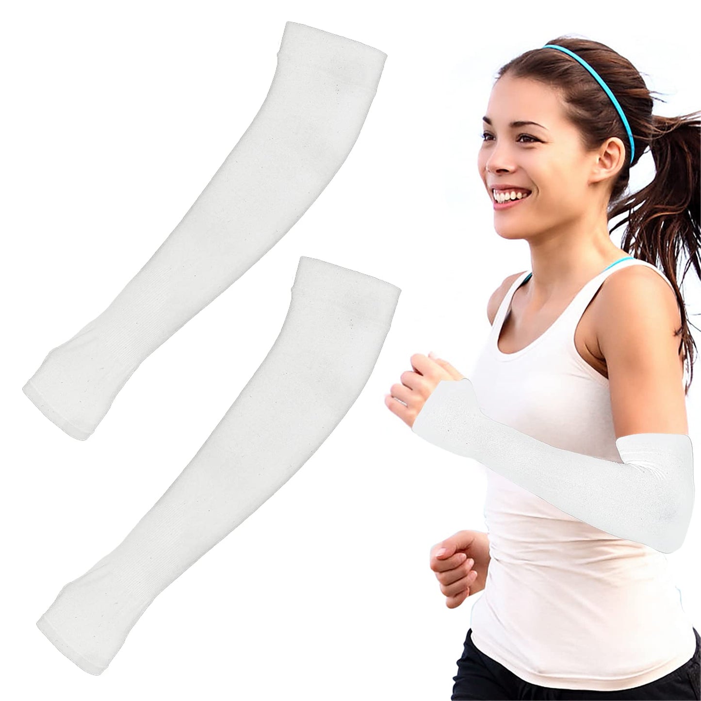 WLLHYF 1 Pairs Cooling Sun Sleeves UV Protection Arm Sleeves for Men & Women Arm Cover Sports Sun Sleeves with Thumb Hole, White, One size