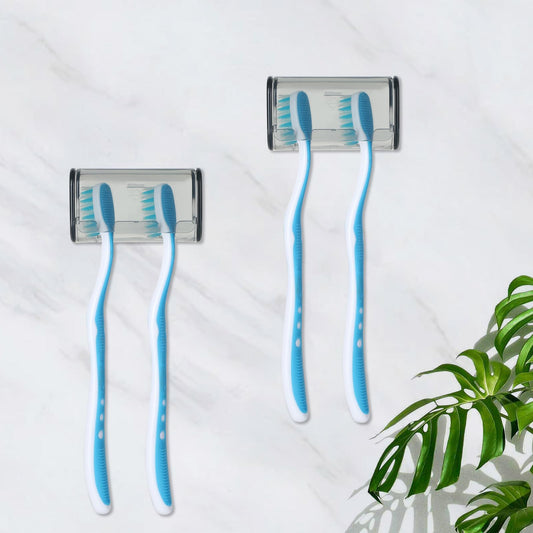 2Pcs Toothbrush Holders Wall Mounted with Cover 2 Slots Toothbrush Storage Organizer Self Adhesive Toothbrush Hanger Rack Bathroom Decor Accessories for Bathroom Shower Dorm Cabinet