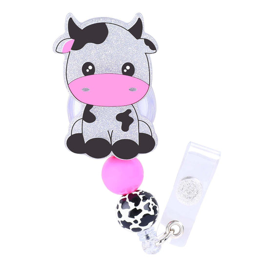 Dimeho 1 Pack Badge Holder Retractable Clip Cute Funny Cow Badge Reel Holder with Clip Badge Clip ID Card Holders Office Student Hospital Women