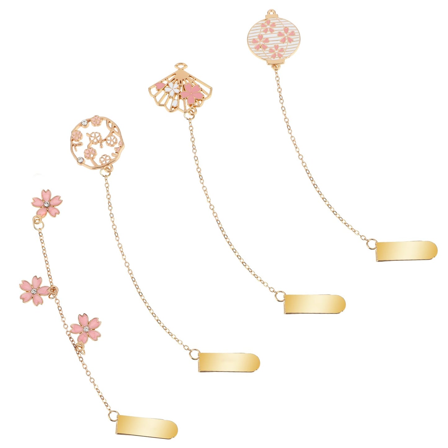 Dimeho 4Pcs Romantic Pendant Bookmarks with Chain Metal Flower Bookmark Set Cute Cherry Blossom Vintage Metal Bookmarks Gift for Women Writers Friends Book Lovers Readers Children Teens Adults