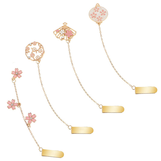 Dimeho 4Pcs Romantic Pendant Bookmarks with Chain Metal Flower Bookmark Set Cute Cherry Blossom Vintage Metal Bookmarks Gift for Women Writers Friends Book Lovers Readers Children Teens Adults