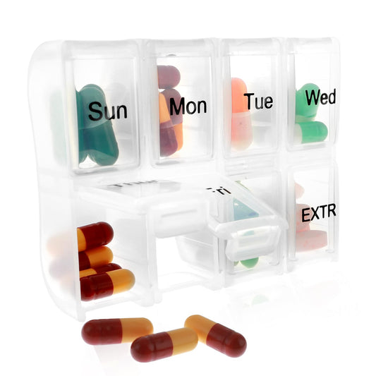 Sibba 8 Compartments Pillbox, Portable Travel Pillbox with Reminder, Weekly Medicine Case, Daily Medication Organizer with Individual Lock Design, Grid Storage Week Planner