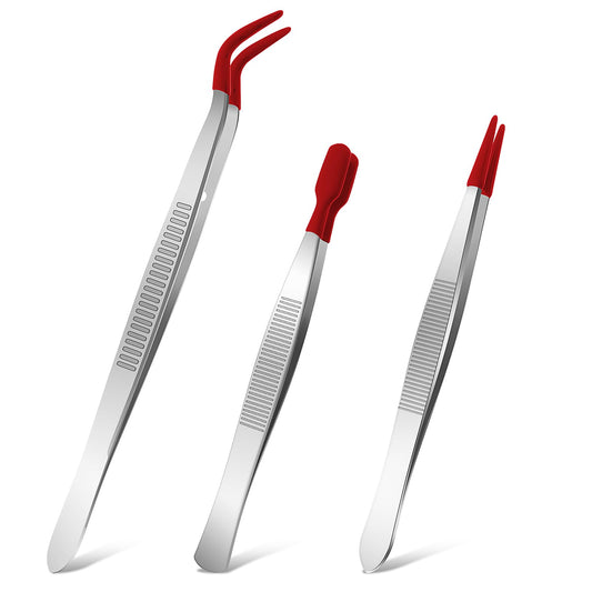 WLLHYF 3 Pieces Tweezers with Rubber Tips Set with Red Silicone Coated Flat Bent Pointed Tip Tweezer for Crafting Jewelry Eyelash Tool Applicator Industrial Sticker Long Tweezers