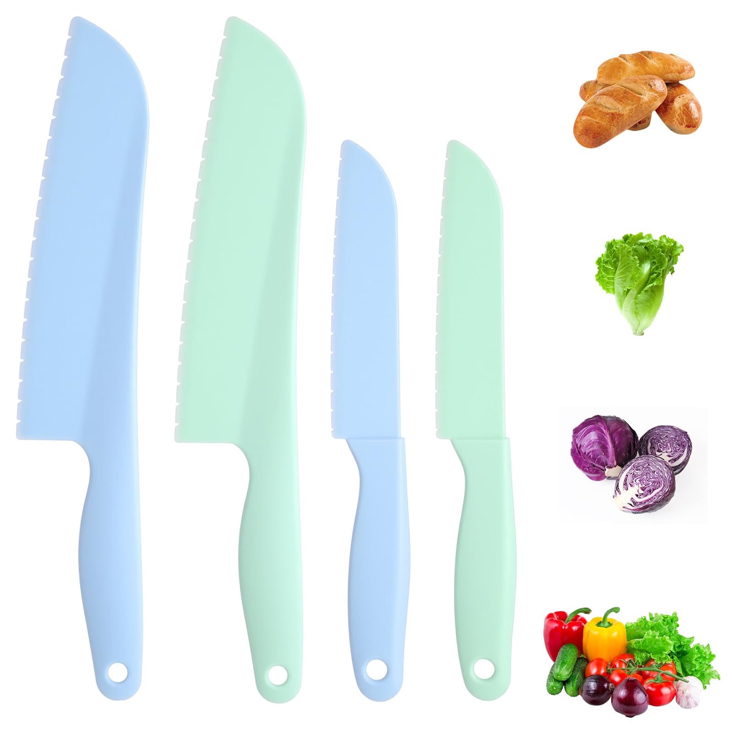 KFHENSOMR 4 Pack Lettuce Knife 11/8.5 inch Nylon Knifes Plastic Lettuce Knife to Prevent Browning Dishwasher Safe Kitchen Utensils for Vegetables Fruits Bread Cake and Salad (S/L Blue and Green)