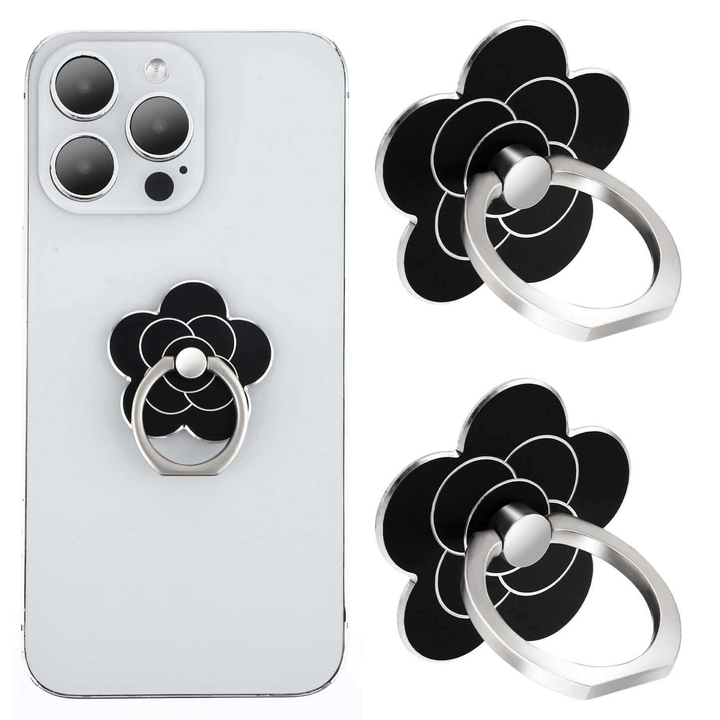 Sibba 2pcs Phone Ring Holder Kickstand Cellphone Flower Finger Ring Grips Stand Metal Universal Compatible Accessories with Smartphone, Mobile Phones, Phone Case (Black)