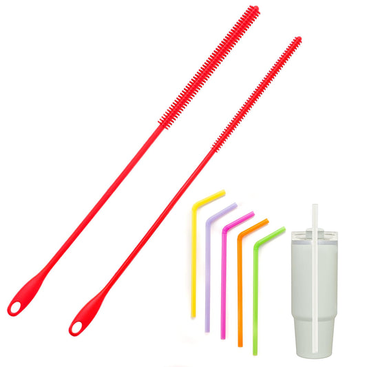 Sibba Silicone Straw Brushes 2 Pcs Extra Long Straw Cleaning Brush Reusable Bottle Straw Cleaner Travel Drinking Brush Pipe Kitchen Utensils Gadgets Red Washing Tool (6mm+8mm)